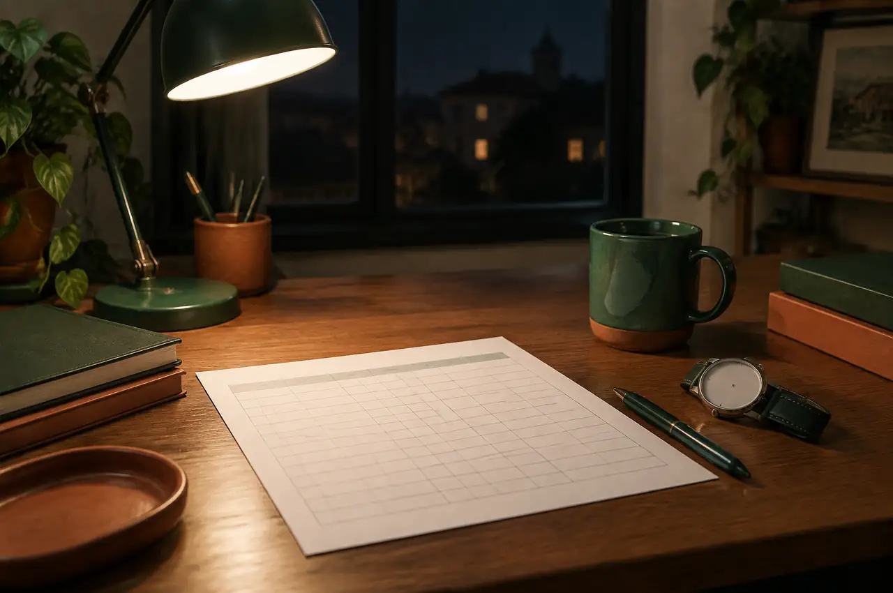 Lámpara de escritorio encendida de noche sobre una hoja de horas y un reloj