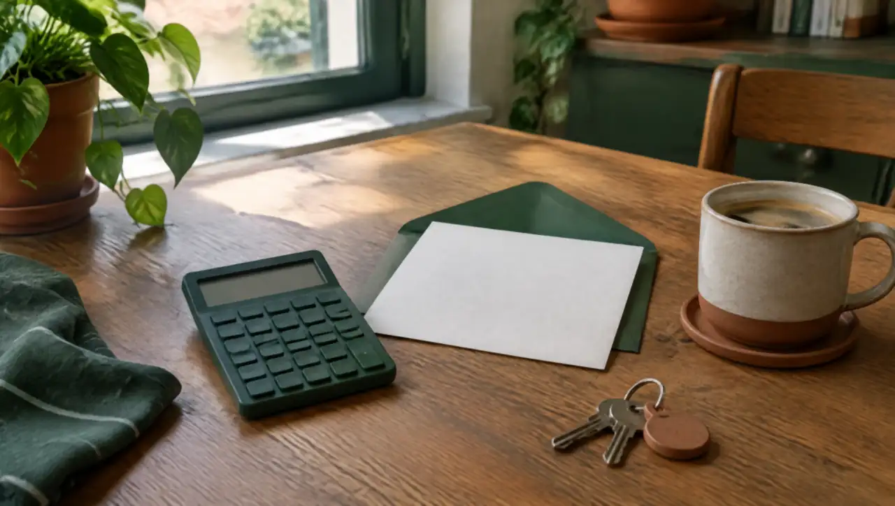Mesa de cocina con una calculadora, un sobre abierto, unas llaves y un café