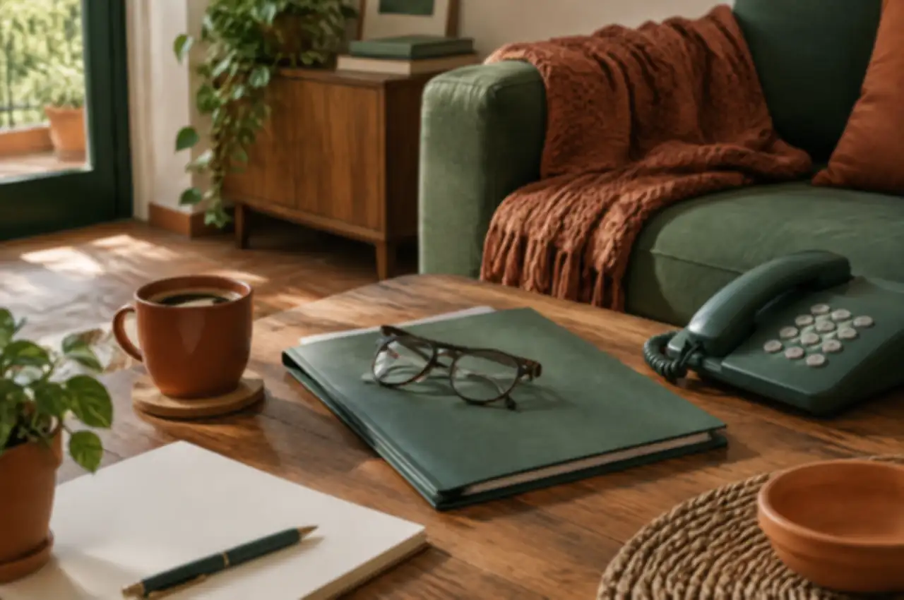 Gafas de leer sobre una carpeta, café y teléfono en una mesa de salón
